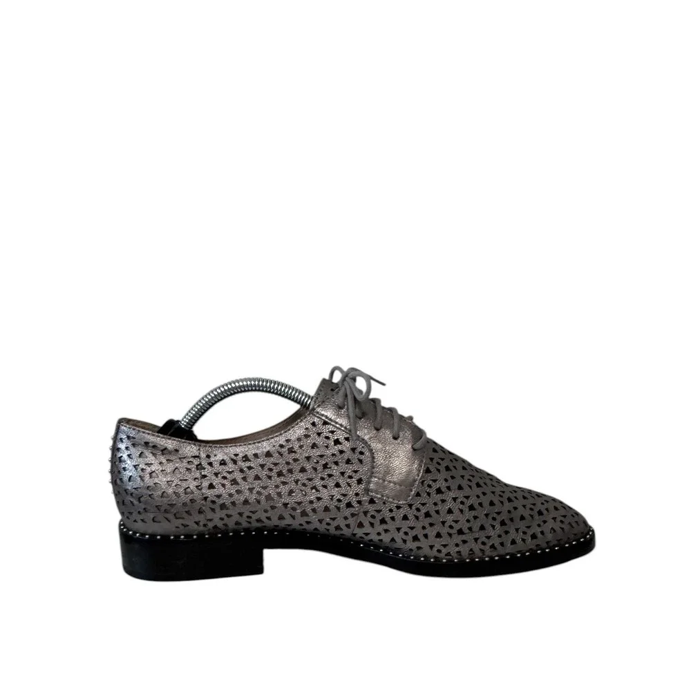 Vince Camuto Metallic Pewter Perforated Leather Studded Oxfords Shoes Womens